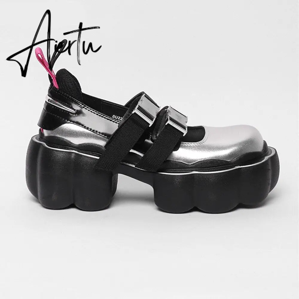 Womens Lolita Square Toe Gothic Punk Pumps Shoes Creepers Japanese Harajuku Platform Belt Buckle Girls Creepers 3Colors Aiertu