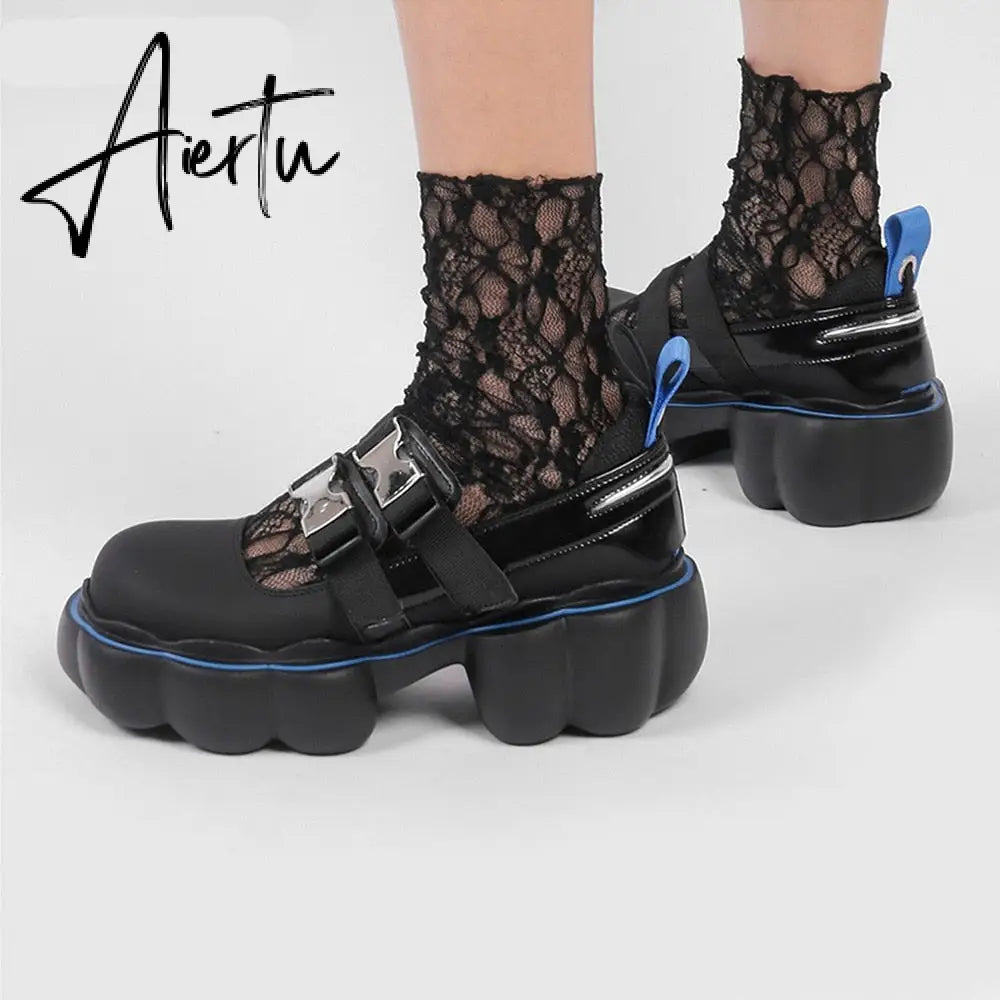 Womens Lolita Square Toe Gothic Punk Pumps Shoes Creepers Japanese Harajuku Platform Belt Buckle Girls Creepers 3Colors Aiertu