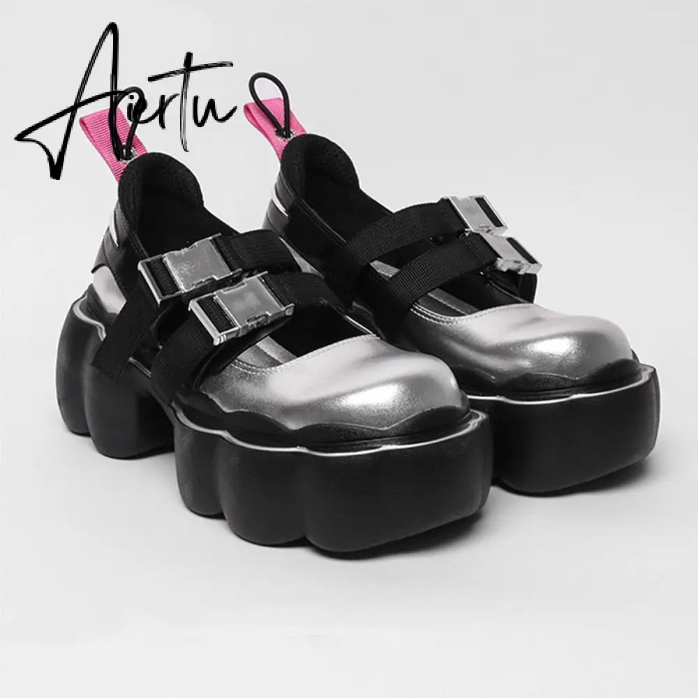 Womens Lolita Square Toe Gothic Punk Pumps Shoes Creepers Japanese Harajuku Platform Belt Buckle Girls Creepers 3Colors Aiertu