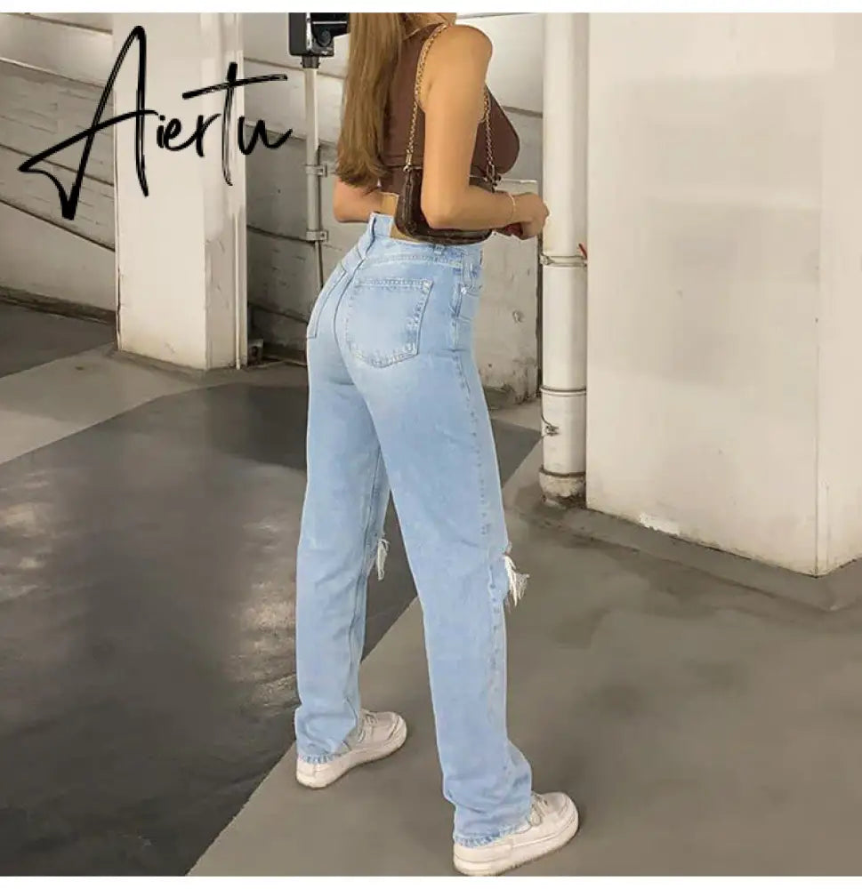 Womens Loose Fit Jeans  Ripped Wide Leg For Women High Waist Blue Wash Casual Cotton Denim Trousers Summer Baggy Jean Pants Aiertu
