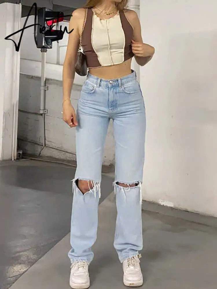 Womens Loose Fit Jeans  Ripped Wide Leg For Women High Waist Blue Wash Casual Cotton Denim Trousers Summer Baggy Jean Pants Aiertu