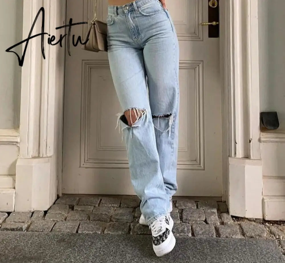 Womens Loose Fit Jeans  Ripped Wide Leg For Women High Waist Blue Wash Casual Cotton Denim Trousers Summer Baggy Jean Pants Aiertu