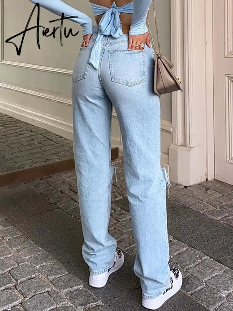 Womens Loose Fit Jeans  Ripped Wide Leg For Women High Waist Blue Wash Casual Cotton Denim Trousers Summer Baggy Jean Pants Aiertu