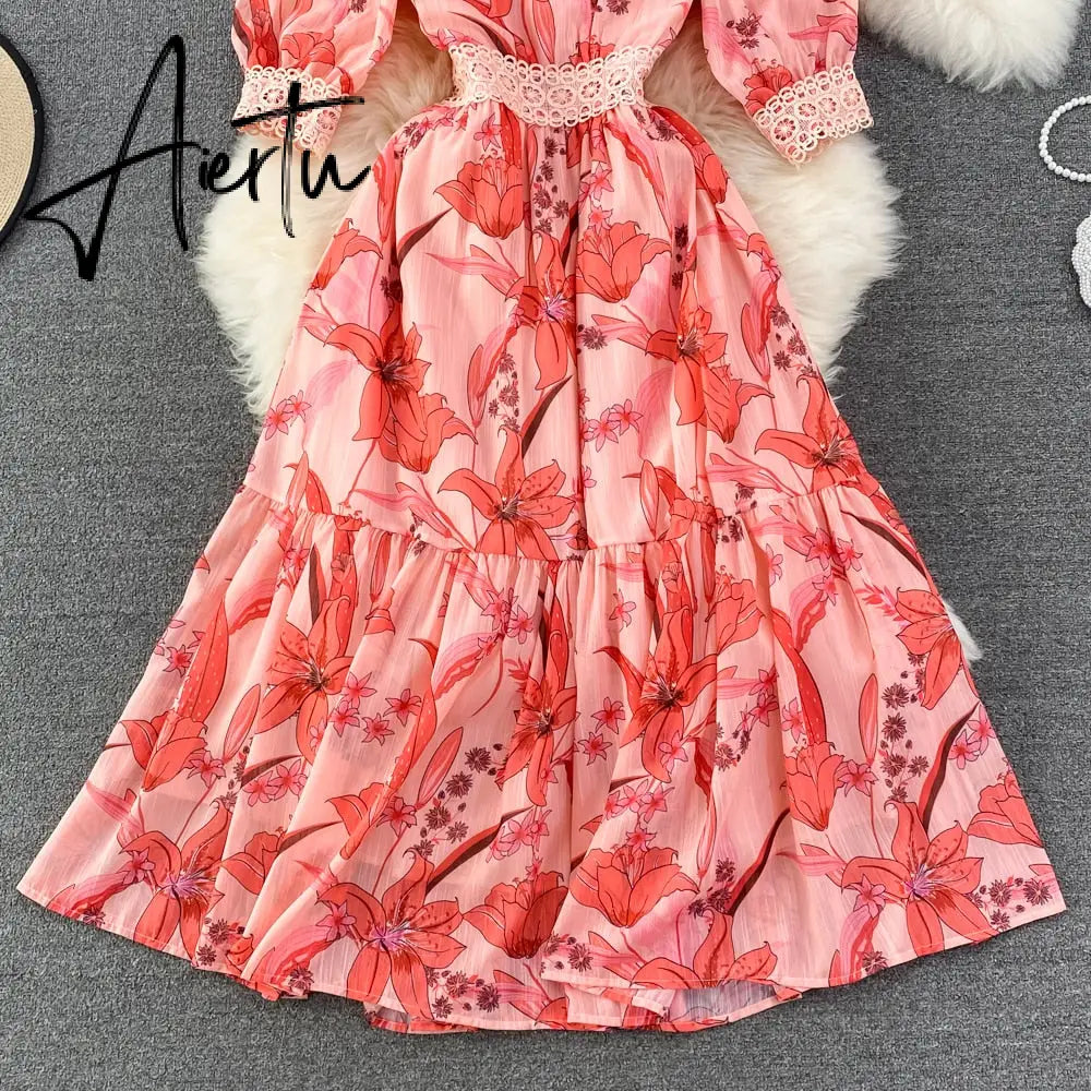 Women's Luxury O Neck Half Sleeve Dress Summer Chic Elegant Floral Long Dress Lady Sweet High Waist A Line Chiffon Vestido Aiertu