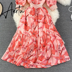 Women's Luxury O Neck Half Sleeve Dress Summer Chic Elegant Floral Long Dress Lady Sweet High Waist A Line Chiffon Vestido Aiertu