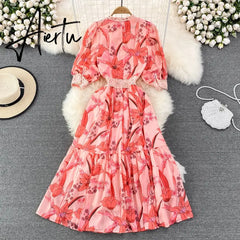 Women's Luxury O Neck Half Sleeve Dress Summer Chic Elegant Floral Long Dress Lady Sweet High Waist A Line Chiffon Vestido Aiertu