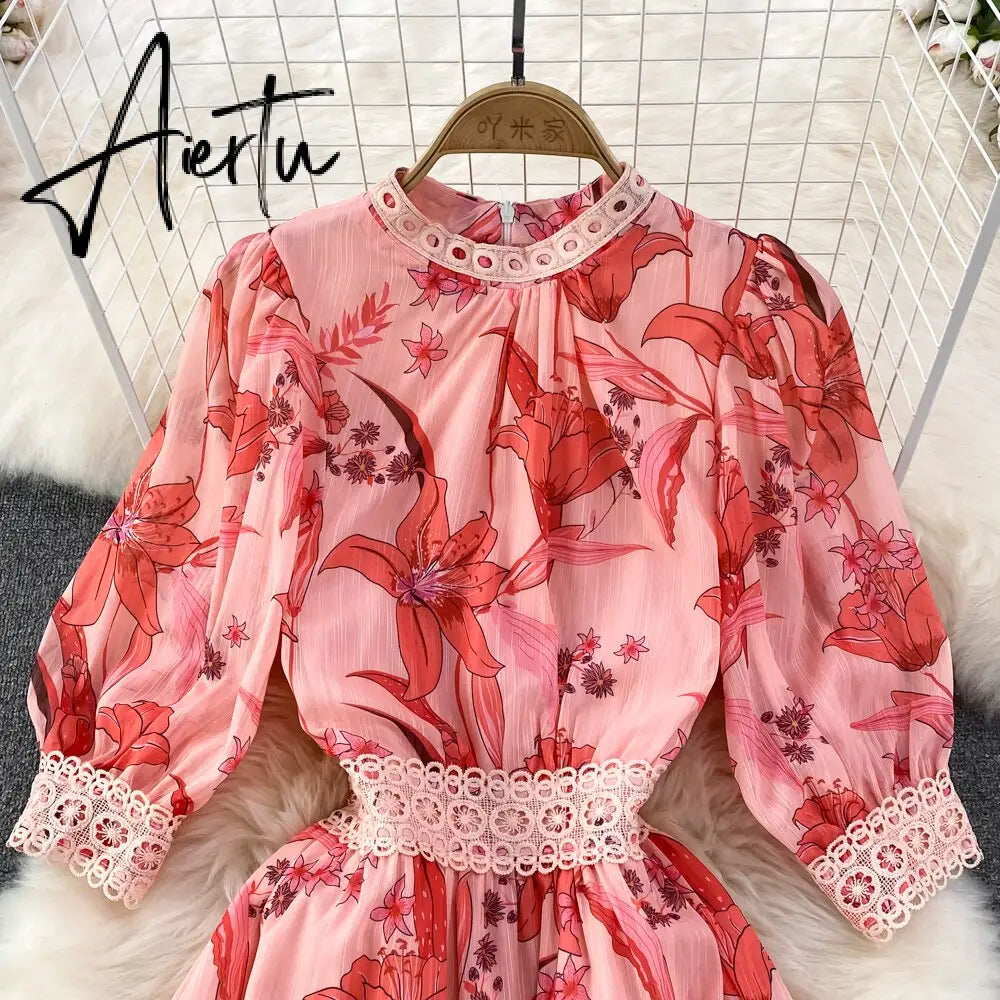 Women's Luxury O Neck Half Sleeve Dress Summer Chic Elegant Floral Long Dress Lady Sweet High Waist A Line Chiffon Vestido Aiertu