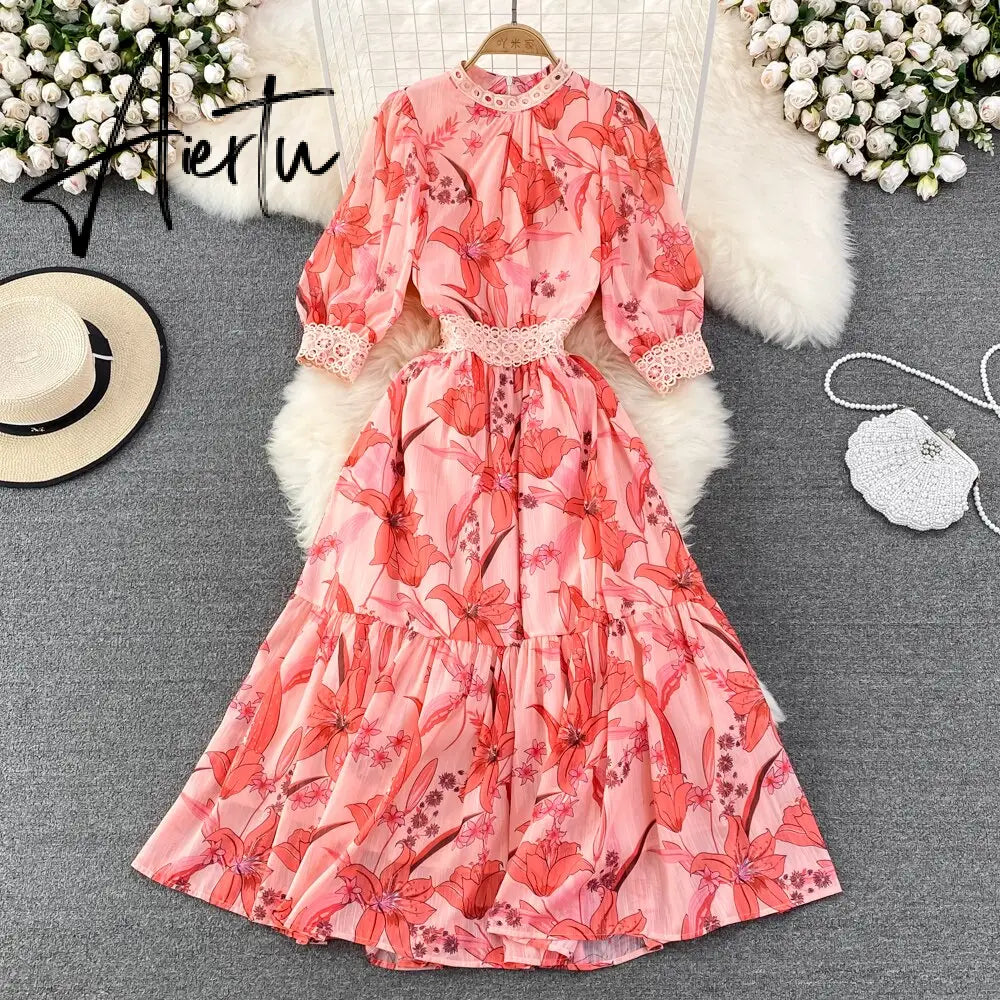 Women's Luxury O Neck Half Sleeve Dress Summer Chic Elegant Floral Long Dress Lady Sweet High Waist A Line Chiffon Vestido Aiertu