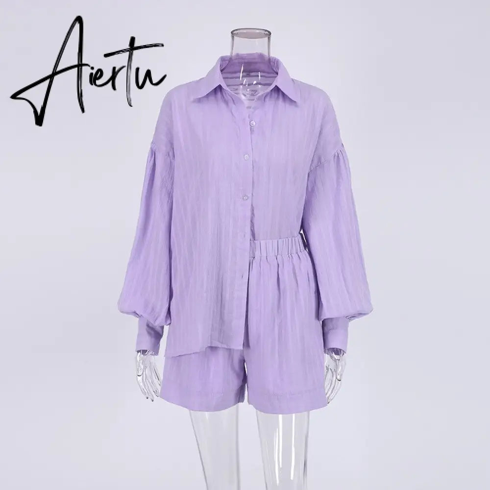 Women's Pajamas Cotton Casual Shorts Sets Striped Jacquard 2 Pieces Cozy Lapel Lantern Sleeve Shirt Summer Outfit Shorts Suits Aiertu