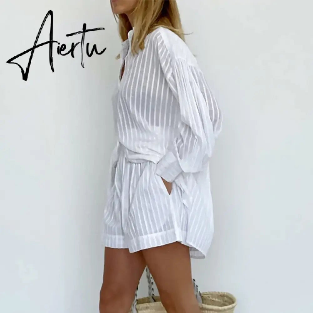 Women's Pajamas Cotton Casual Shorts Sets Striped Jacquard 2 Pieces Cozy Lapel Lantern Sleeve Shirt Summer Outfit Shorts Suits Aiertu