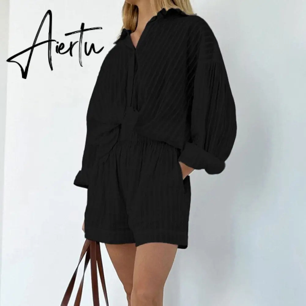 Women's Pajamas Cotton Casual Shorts Sets Striped Jacquard 2 Pieces Cozy Lapel Lantern Sleeve Shirt Summer Outfit Shorts Suits Aiertu
