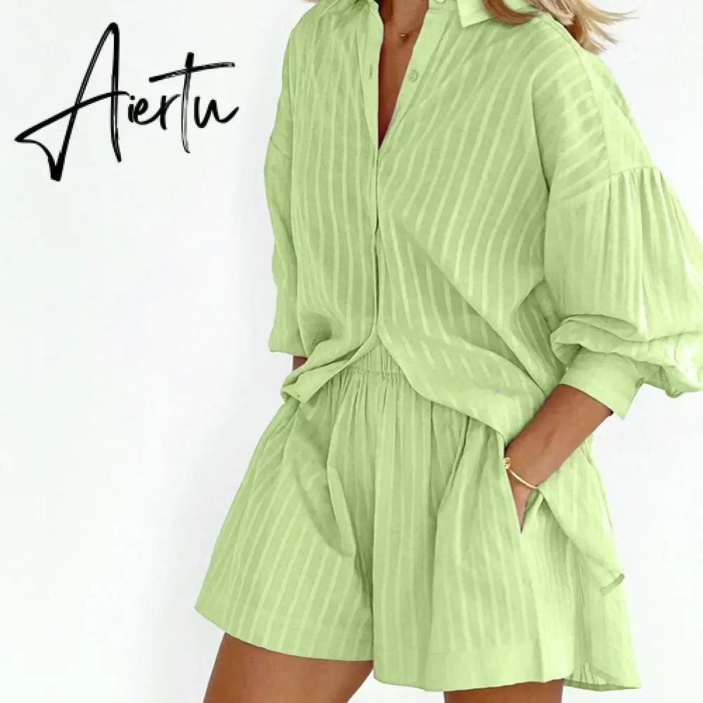 Women's Pajamas Cotton Casual Shorts Sets Striped Jacquard 2 Pieces Cozy Lapel Lantern Sleeve Shirt Summer Outfit Shorts Suits Aiertu