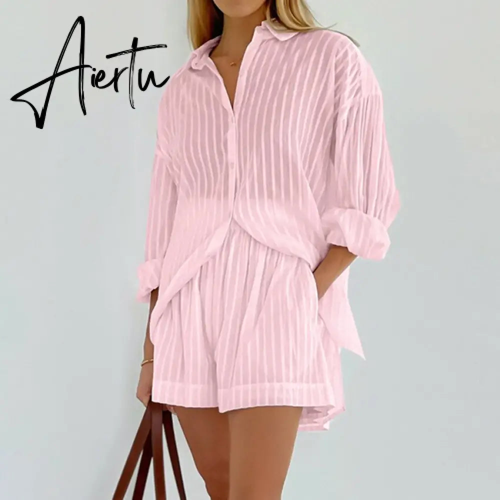 Women's Pajamas Cotton Casual Shorts Sets Striped Jacquard 2 Pieces Cozy Lapel Lantern Sleeve Shirt Summer Outfit Shorts Suits Aiertu