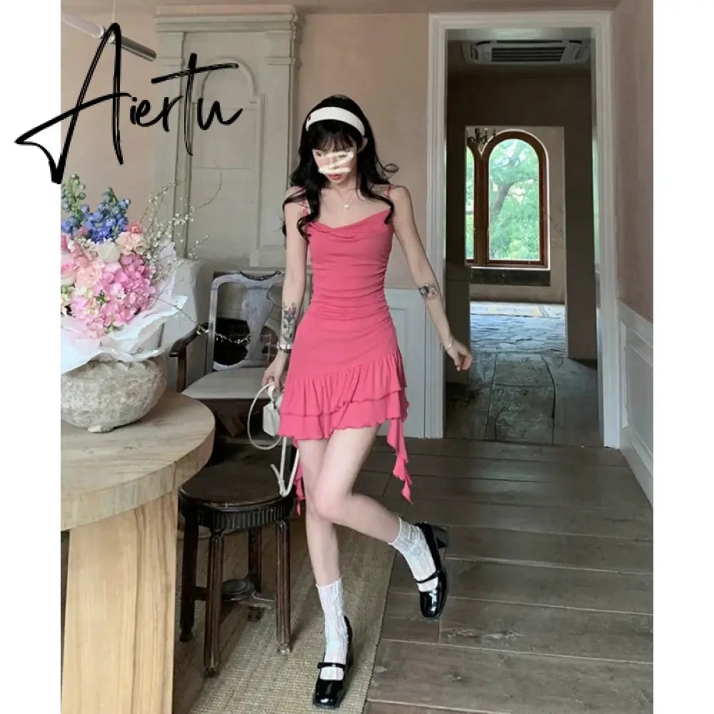 Womens Pink Dress Sling Sleeveless Ruffles Sexy America Fashion Temperament Minimalist Female Summer NEW Solid Miniskirt Aiertu