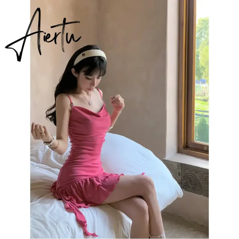Womens Pink Dress Sling Sleeveless Ruffles Sexy America Fashion Temperament Minimalist Female Summer NEW Solid Miniskirt Aiertu