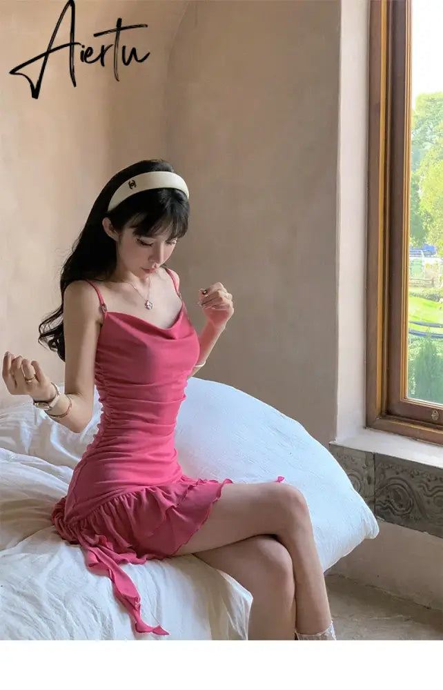 Womens Pink Dress Sling Sleeveless Ruffles Sexy America Fashion Temperament Minimalist Female Summer NEW Solid Miniskirt Aiertu
