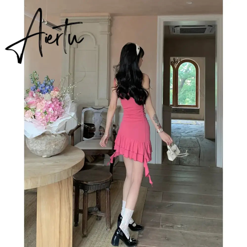 Womens Pink Dress Sling Sleeveless Ruffles Sexy America Fashion Temperament Minimalist Female Summer NEW Solid Miniskirt Aiertu