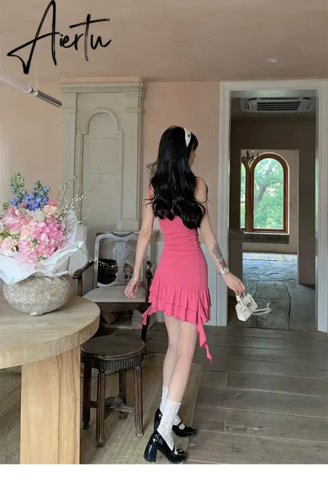 Womens Pink Dress Sling Sleeveless Ruffles Sexy America Fashion Temperament Minimalist Female Summer NEW Solid Miniskirt Aiertu