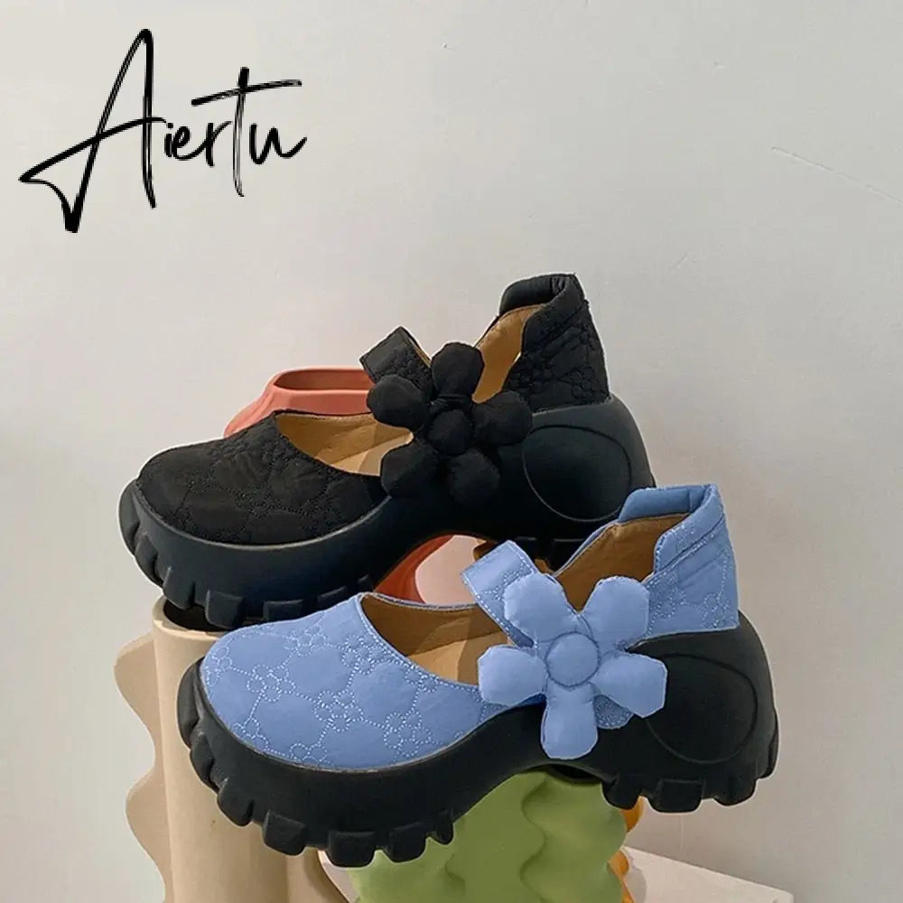 Womens Platform 3D Flower Creepers High Heel Sandals Mary Jane Shoes Sweet Girls 3Colors  New Aiertu