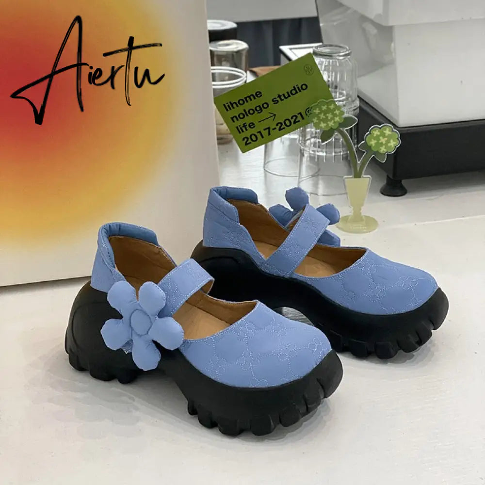 Womens Platform 3D Flower Creepers High Heel Sandals Mary Jane Shoes Sweet Girls 3Colors  New Aiertu