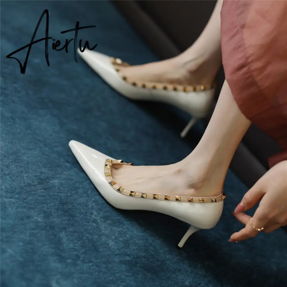 Womens Pumps High Heels Patent Leather Rivet Pointed Toe Thin Heel Office Wedding Lady Black Handmade Sexy Shoe Big Size 42 Aiertu