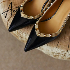 Womens Pumps High Heels Patent Leather Rivet Pointed Toe Thin Heel Office Wedding Lady Black Handmade Sexy Shoe Big Size 42 Aiertu