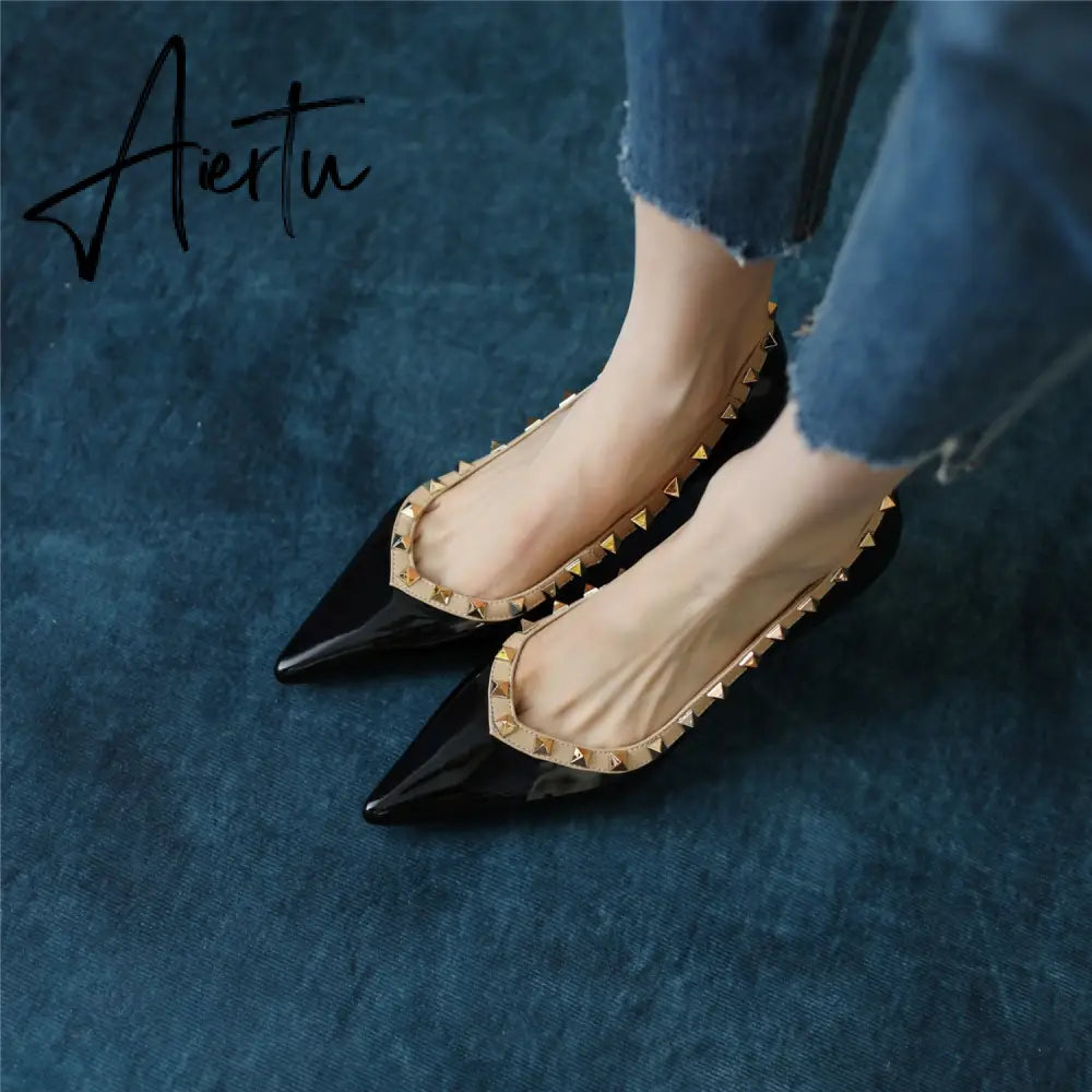 Womens Pumps High Heels Patent Leather Rivet Pointed Toe Thin Heel Office Wedding Lady Black Handmade Sexy Shoe Big Size 42 Aiertu