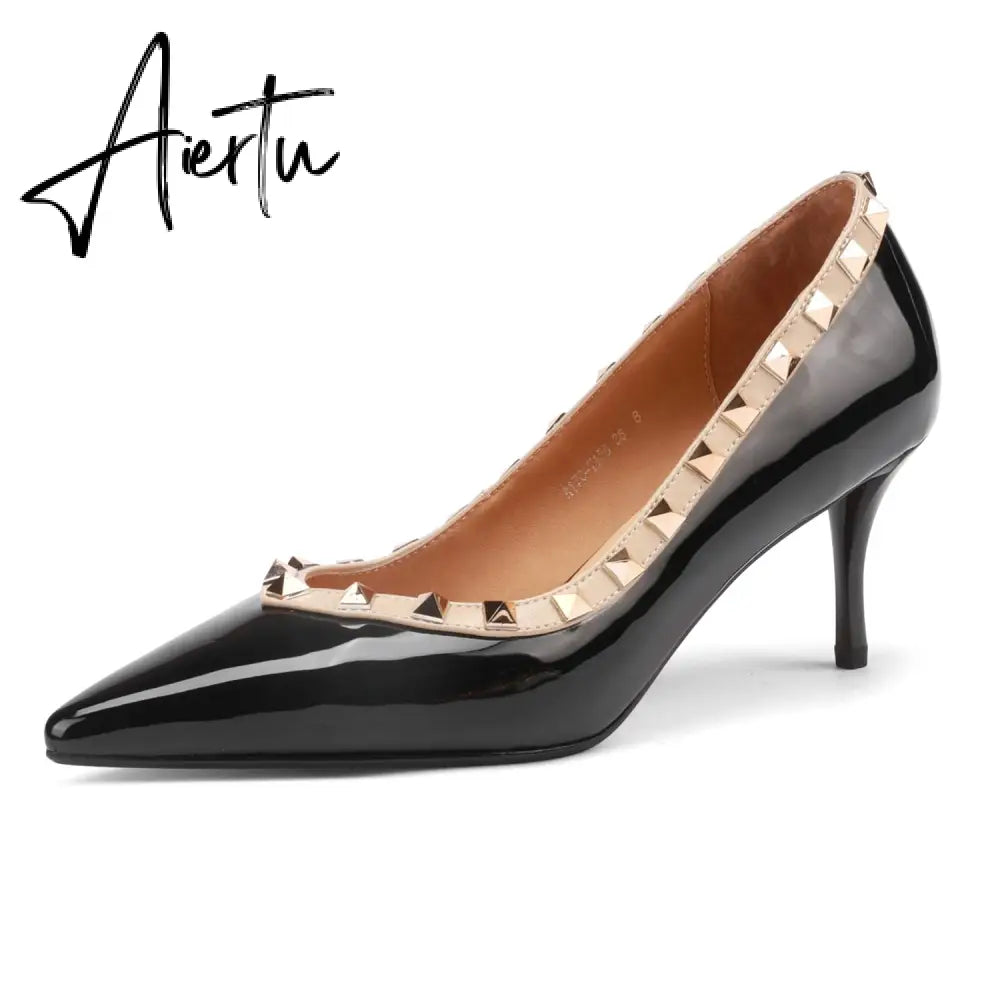 Womens Pumps High Heels Patent Leather Rivet Pointed Toe Thin Heel Office Wedding Lady Black Handmade Sexy Shoe Big Size 42 Aiertu