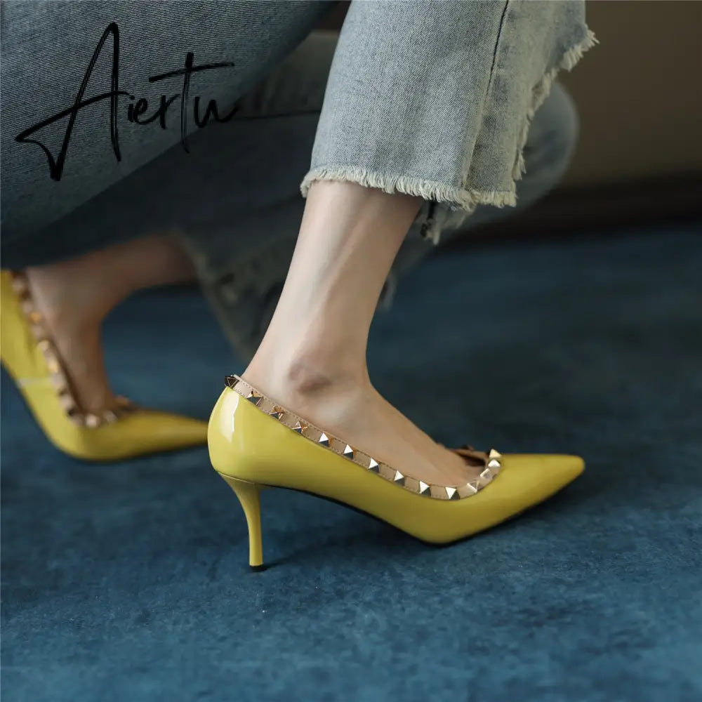 Womens Pumps High Heels Patent Leather Rivet Pointed Toe Thin Heel Office Wedding Lady Black Handmade Sexy Shoe Big Size 42 Aiertu