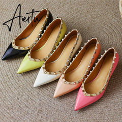 Womens Pumps High Heels Patent Leather Rivet Pointed Toe Thin Heel Office Wedding Lady Black Handmade Sexy Shoe Big Size 42 Aiertu