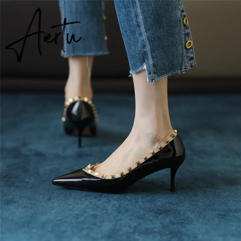 Womens Pumps High Heels Patent Leather Rivet Pointed Toe Thin Heel Office Wedding Lady Black Handmade Sexy Shoe Big Size 42 Aiertu