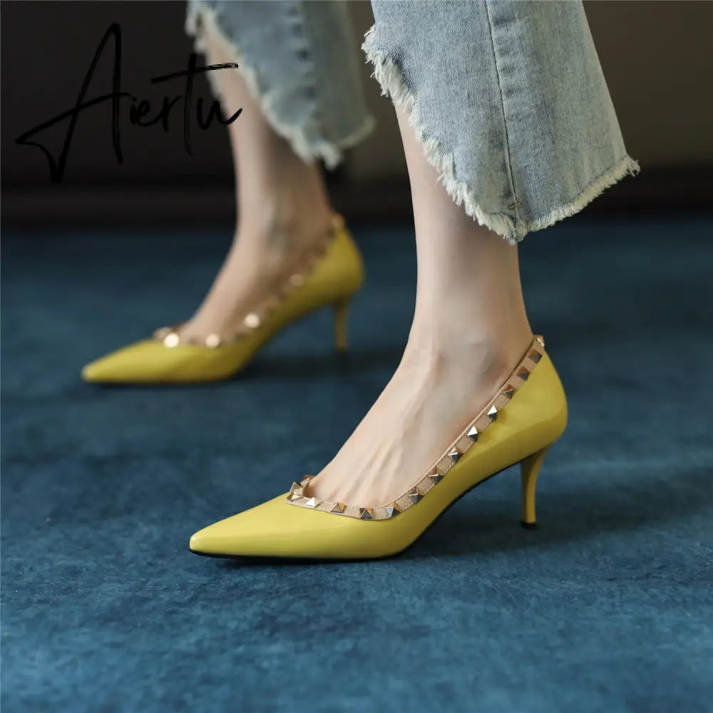 Womens Pumps High Heels Patent Leather Rivet Pointed Toe Thin Heel Office Wedding Lady Black Handmade Sexy Shoe Big Size 42 Aiertu