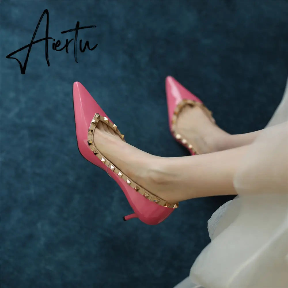 Womens Pumps High Heels Patent Leather Rivet Pointed Toe Thin Heel Office Wedding Lady Black Handmade Sexy Shoe Big Size 42 Aiertu