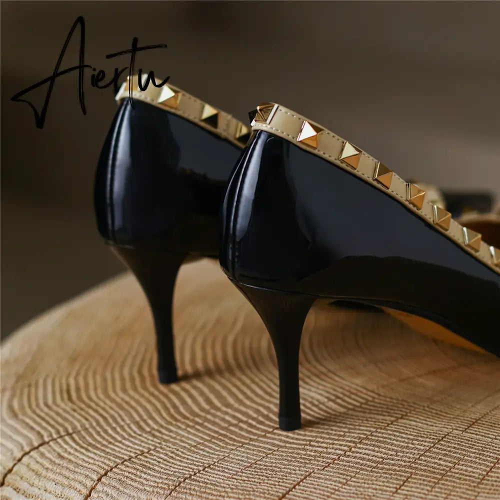 Womens Pumps High Heels Patent Leather Rivet Pointed Toe Thin Heel Office Wedding Lady Black Handmade Sexy Shoe Big Size 42 Aiertu