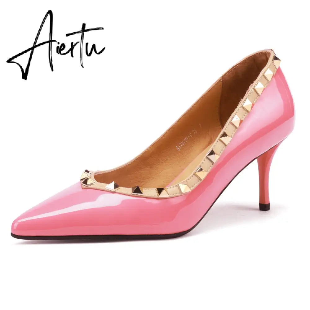 Womens Pumps High Heels Patent Leather Rivet Pointed Toe Thin Heel Office Wedding Lady Black Handmade Sexy Shoe Big Size 42 Aiertu