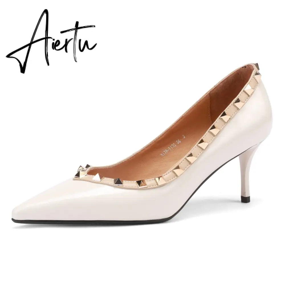 Womens Pumps High Heels Patent Leather Rivet Pointed Toe Thin Heel Office Wedding Lady Black Handmade Sexy Shoe Big Size 42 Aiertu