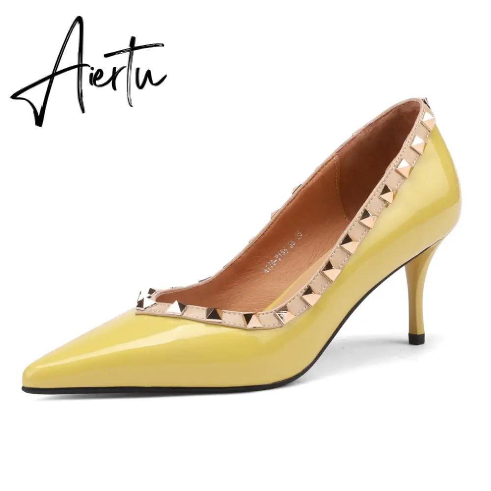 Womens Pumps High Heels Patent Leather Rivet Pointed Toe Thin Heel Office Wedding Lady Black Handmade Sexy Shoe Big Size 42 Aiertu