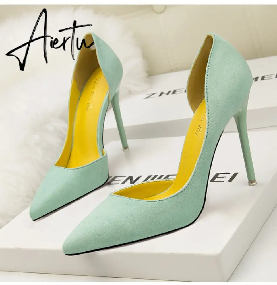 Women's Pumps Suede High Heels Female Pointed Toe Office Shoes Stiletto Women Pumps Shoes On Heels 10 cm Solid Party Shoes Lady Aiertu
