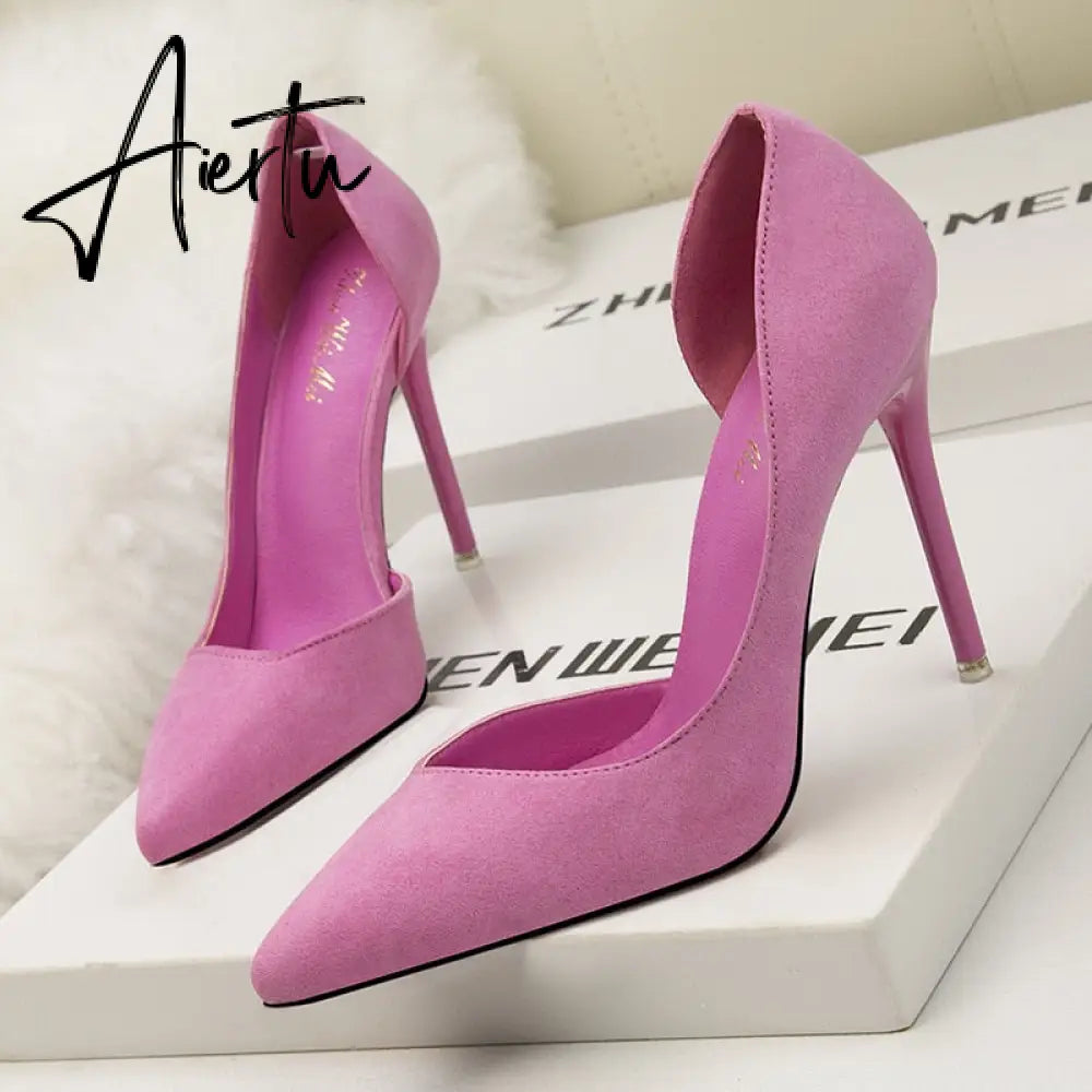 Women's Pumps Suede High Heels Female Pointed Toe Office Shoes Stiletto Women Pumps Shoes On Heels 10 cm Solid Party Shoes Lady Aiertu