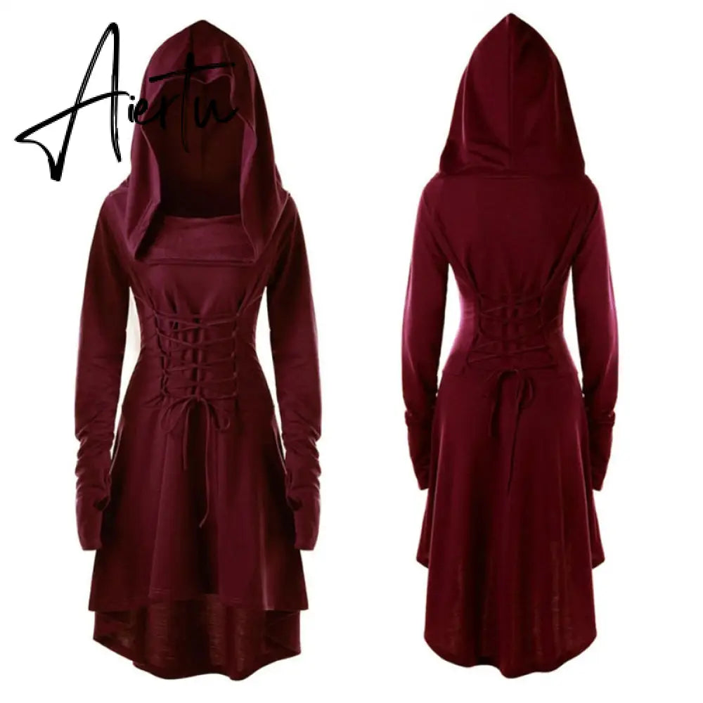 Womens Renaissance Archer cosplay Costumes Hooded Robe Lace Up Vintage Pullover Long Hoodie Dress Cloak Halloween LARP Party Aiertu
