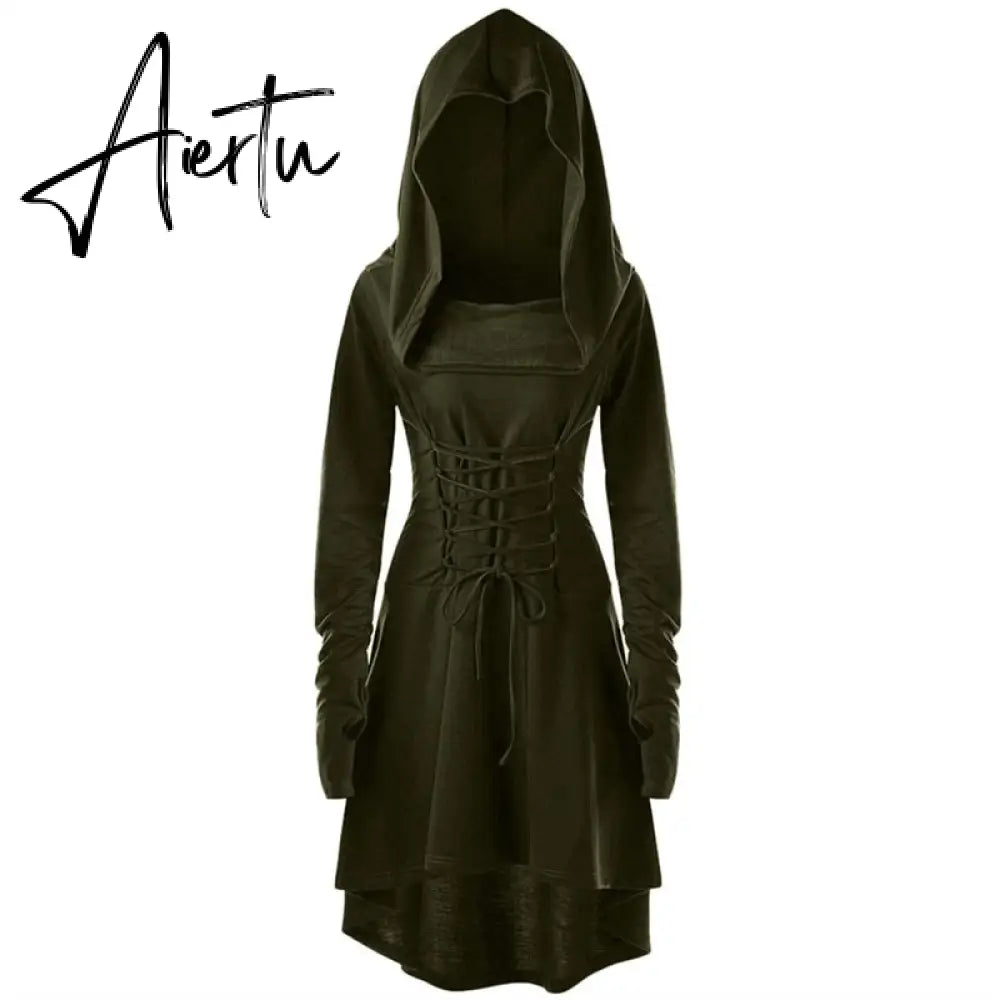 Womens Renaissance Archer cosplay Costumes Hooded Robe Lace Up Vintage Pullover Long Hoodie Dress Cloak Halloween LARP Party Aiertu