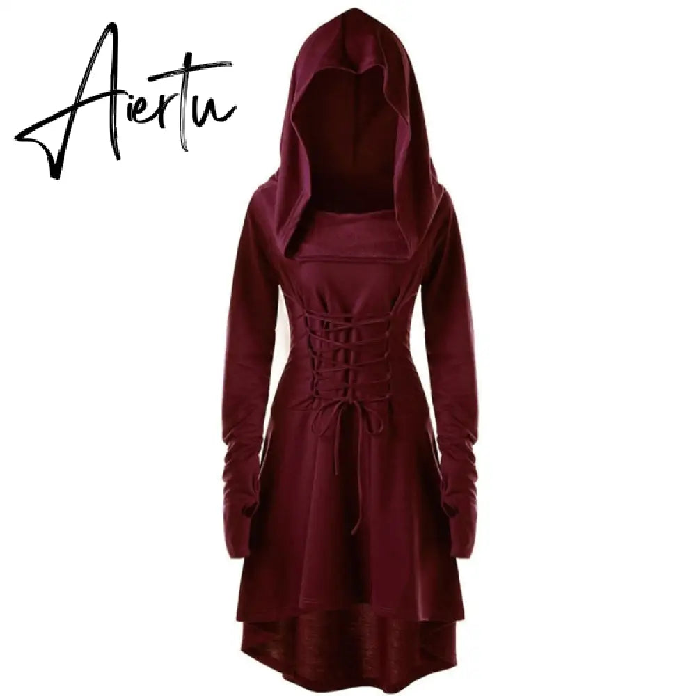 Womens Renaissance Archer cosplay Costumes Hooded Robe Lace Up Vintage Pullover Long Hoodie Dress Cloak Halloween LARP Party Aiertu