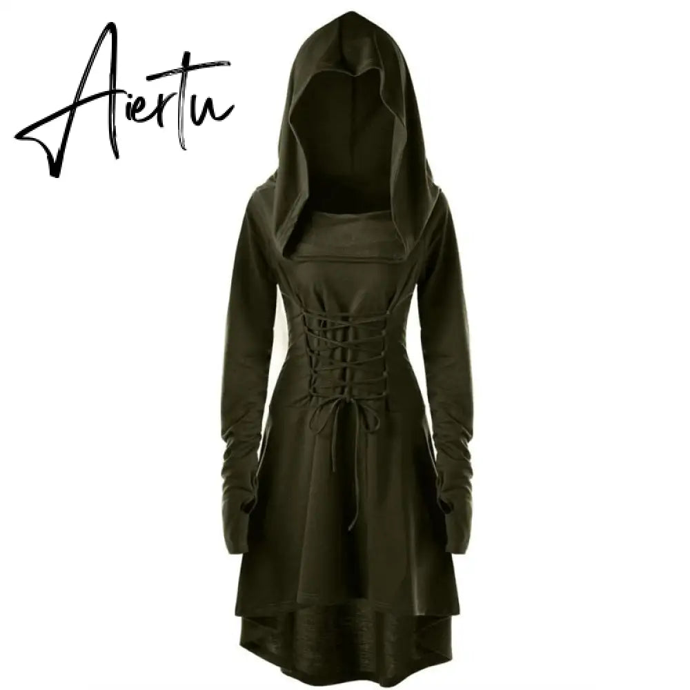 Womens Renaissance Archer cosplay Costumes Hooded Robe Lace Up Vintage Pullover Long Hoodie Dress Cloak Halloween LARP Party Aiertu