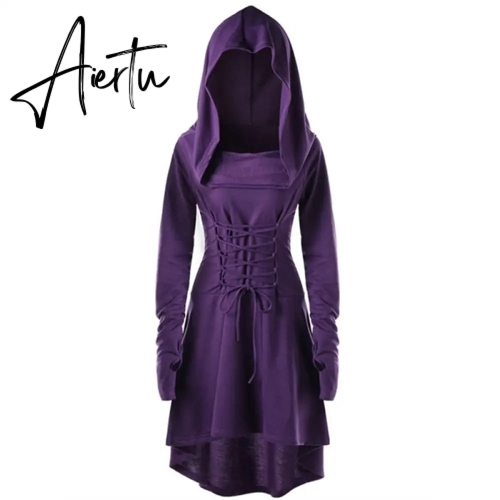 Womens Renaissance Archer cosplay Costumes Hooded Robe Lace Up Vintage Pullover Long Hoodie Dress Cloak Halloween LARP Party Aiertu