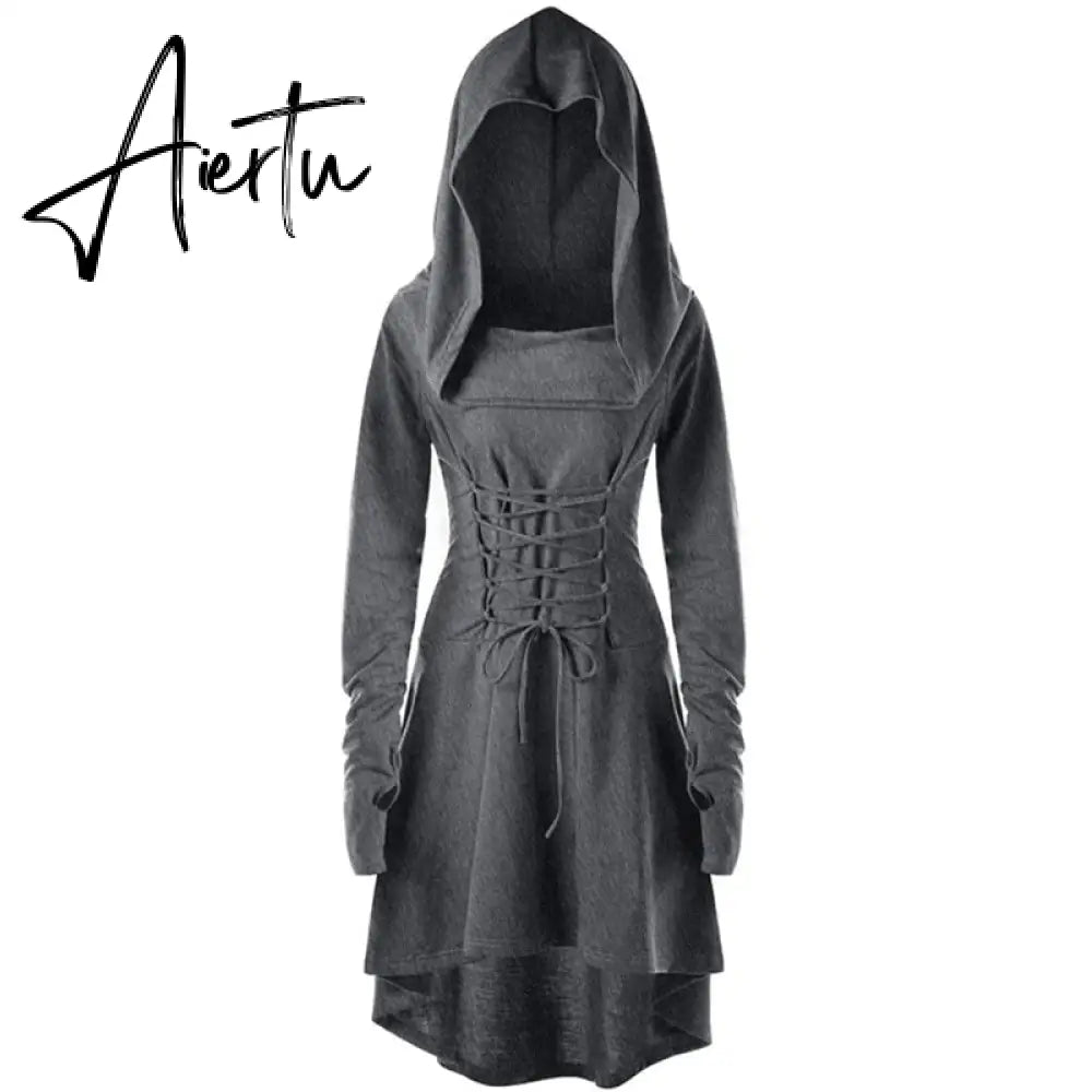 Womens Renaissance Archer cosplay Costumes Hooded Robe Lace Up Vintage Pullover Long Hoodie Dress Cloak Halloween LARP Party Aiertu