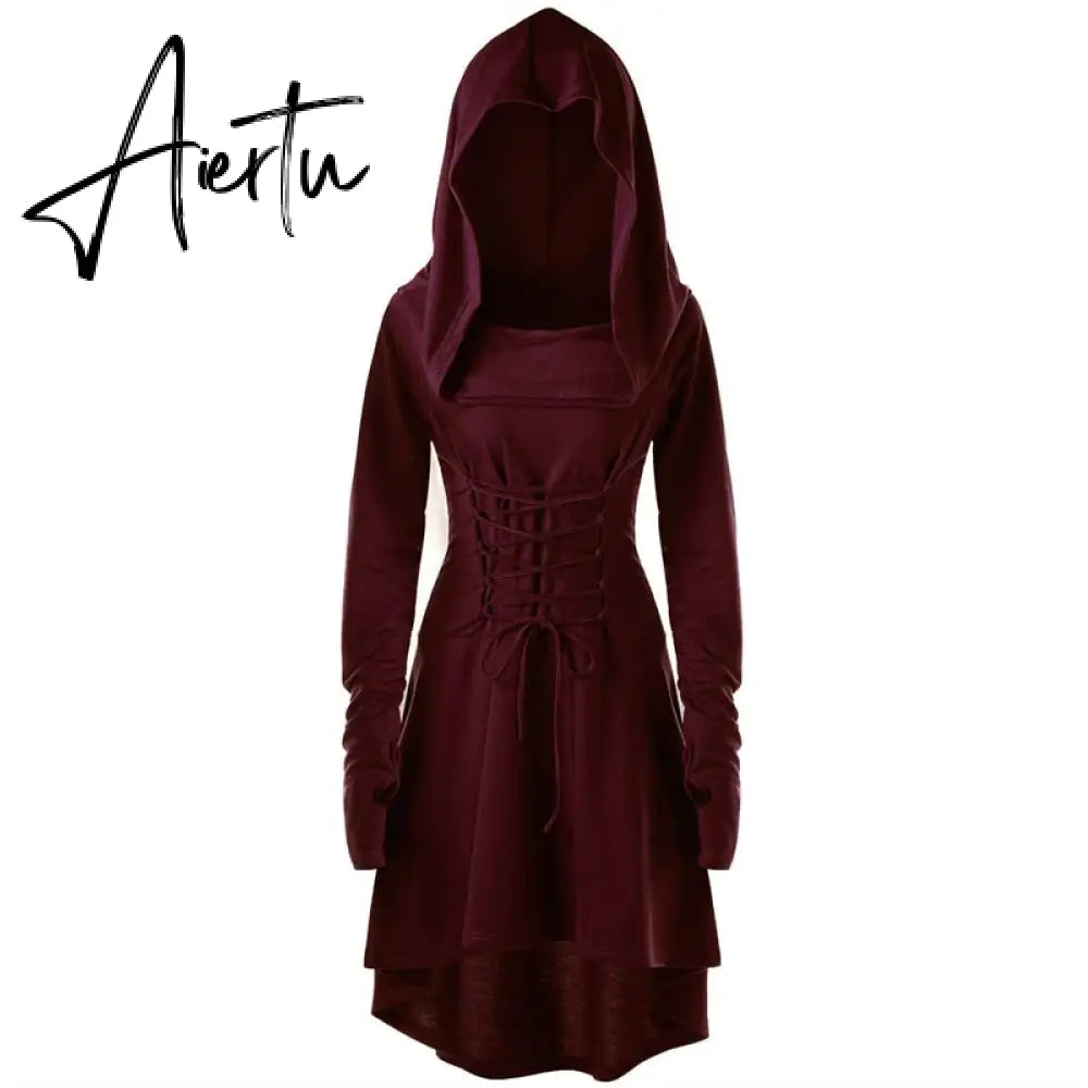 Womens Renaissance Archer cosplay Costumes Hooded Robe Lace Up Vintage Pullover Long Hoodie Dress Cloak Halloween LARP Party Aiertu