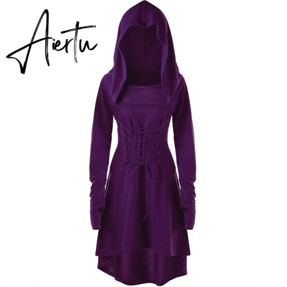 Womens Renaissance Archer cosplay Costumes Hooded Robe Lace Up Vintage Pullover Long Hoodie Dress Cloak Halloween LARP Party Aiertu