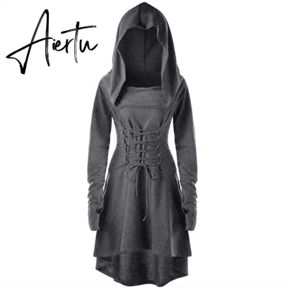 Womens Renaissance Archer cosplay Costumes Hooded Robe Lace Up Vintage Pullover Long Hoodie Dress Cloak Halloween LARP Party Aiertu