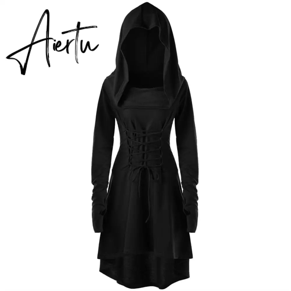 Womens Renaissance Archer cosplay Costumes Hooded Robe Lace Up Vintage Pullover Long Hoodie Dress Cloak Halloween LARP Party Aiertu
