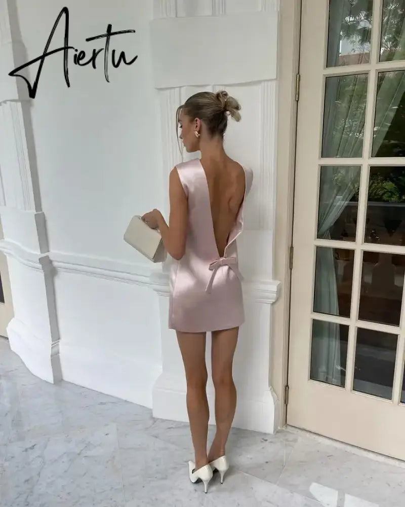 Women's Sexy Backless Sleeveless Bow Solid Mini Dress For Femme  Fashion Party Clubwear Slim Fit Elegant Outfits Aiertu